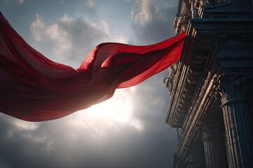 Dramatic red fabric billows against ancient stone archway
