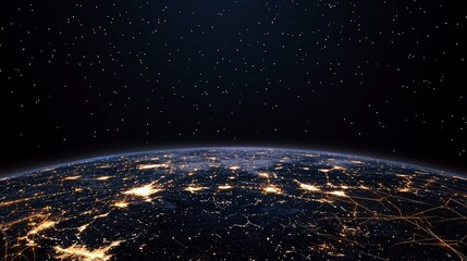 Obraz premium View of planet Earth from space at night, illuminated by city lights and a backdrop of stars.