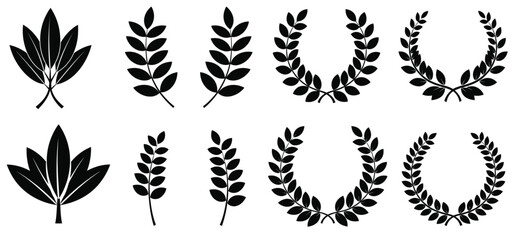 Black silhouette leaf sprigs and laurel wreaths on white background leaves branch