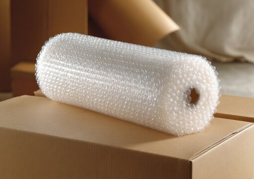 Rolled bubble wrap on top of cardboard boxes