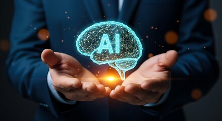 Businessman holding glowing AI brain, artificial intelligence concept.