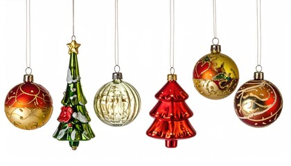 Obraz premium Christmas ornaments hanging over white background. Composition of Christmas tree decorations
