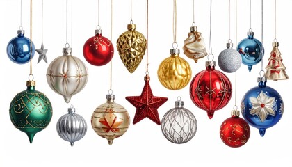 Obraz premium Christmas ornaments hanging over white background. Composition of Christmas tree decorations