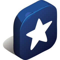 A 3D rendered dark blue rounded square icon with a white five pointed star emblem on its front surface with subtle shadow and soft lighting on a transparent background