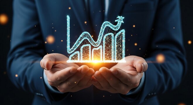 Businessman holding glowing bar chart representing business growth and financial success.