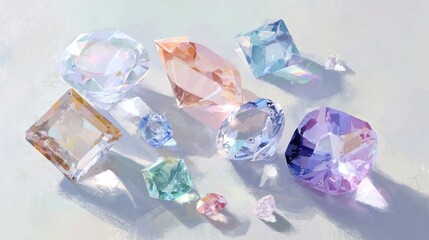 Glimmering crystals of various shapes and hues are arranged artistically, reflecting light in a captivating way. Each gem's unique brilliance adds to the enchanting scene