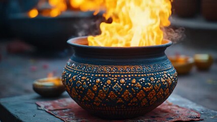Fire burning in a pot on a table