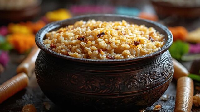A simple meal setup featuring rice and carrots on a table, suitable for various contexts