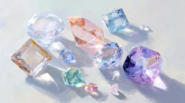 Glimmering crystals of various shapes and hues are arranged artistically, reflecting light in a captivating way. Each gem's unique brilliance adds to the enchanting scene