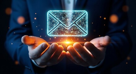 Businessman Holding Glowing Digital Email Icon Representing Online Communication and Technology.
