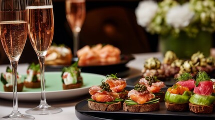 A beautifully arranged banquet table displays an array of gourmet canapes with sparkling drinks. White flowers add charm to the elegant setting, perfect for a celebratory event
