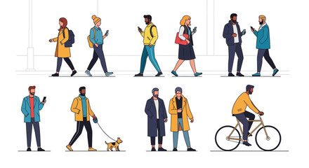 Diverse People in Various Activities Walking, Using Phones, and Cycling in Urban Settings