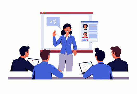 Instructor Leading Interactive Seminar with Engaged Participants Utilizing Modern Technology Tools and Screens for Effective Learning Experience