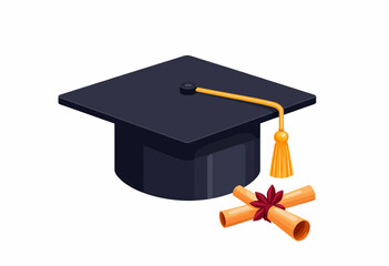Illustration of a classic black graduation cap and rolled diploma tied with red ribbon symbolizing academic achievement and educational success celebration