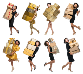 PNG Joyful woman carrying gift boxes, element set on transparent background