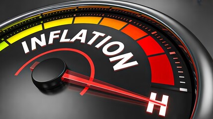 Naklejka premium Inflation Meter Gauge Showing Rising Price Levels and Economic Pressure in High-Inflation Financial Environment 