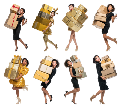 PNG Joyful woman carrying gift boxes, element set on transparent background