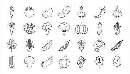 Fototapeta premium Vegetable Icon Set – Fresh Produce, Healthy Eating, Vegan and Vegetarian Food Outline Illustrations