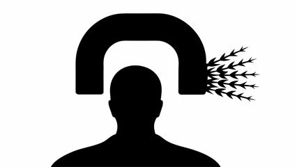 Silhouette of a person with a magnet attracting thoughts above their head in black and white art