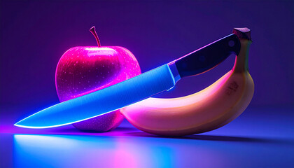 Vibrant neon-style illustration of an apple, banana, and knife, blending bold colors with modern surreal energy. Ideal for edgy food concepts, contemporary design, and striking visual themes.