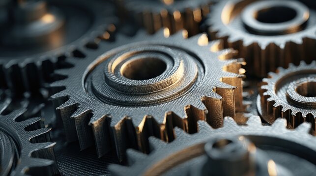Close-up of interlocking metal gears forming a mechanical mesh - Powered by Adobe