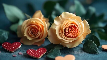 A pair of fresh roses sit peacefully on a wooden table, ideal for a romantic dinner or special occasion