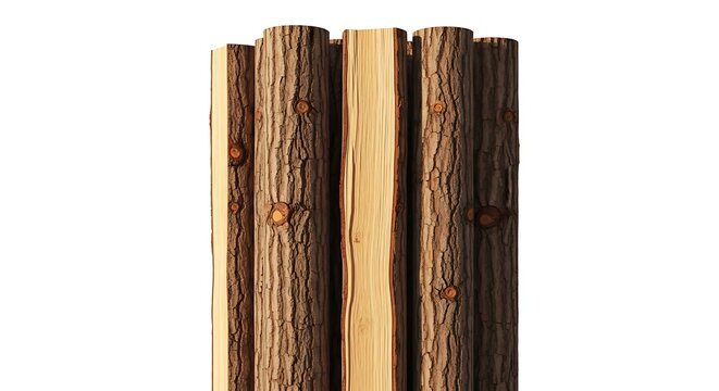 Rustic and Smooth Wood Logs Stacked Vertically on White, Detailed Timber Texture.