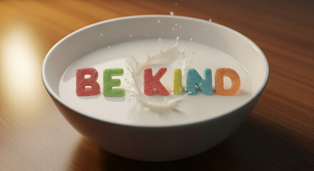 Colorful cereal letters spell 'Be Kind' in creamy milk, promoting positivity and compassion with a sweet, playful message for a heartwarming start