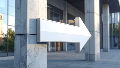 Blank white arrow signage mockup on a concrete pillar of a modern office building, pointing right for direction and guidance