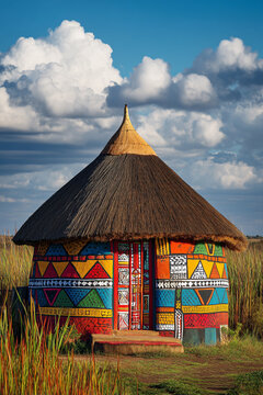 A vibrant Ndebele hut decorated with colorful geometric patterns surrounded by tall grass and blue skies.