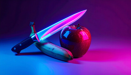 Vibrant neon-style illustration of an apple, banana, and knife, blending bold colors with modern surreal energy. Ideal for edgy food concepts, contemporary design, and striking visual themes.