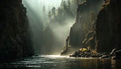 Dark canyon river with morning mist and sunlight shining through
