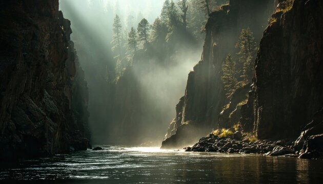 Dark canyon river with morning mist and sunlight shining through
