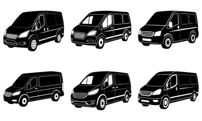 Fototapeta premium Illustration of six black and white vans in different styles and perspectives on a white background