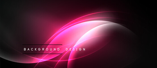 Abstract pink neon waves over black background. Modern design elements create dynamic visual effect. Smooth gradients, flowing shapes.