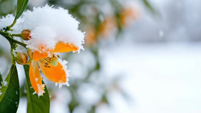 Bright orange flower covered with fresh snow on a branch. Winter cold front arriving over unusual blooming plant.