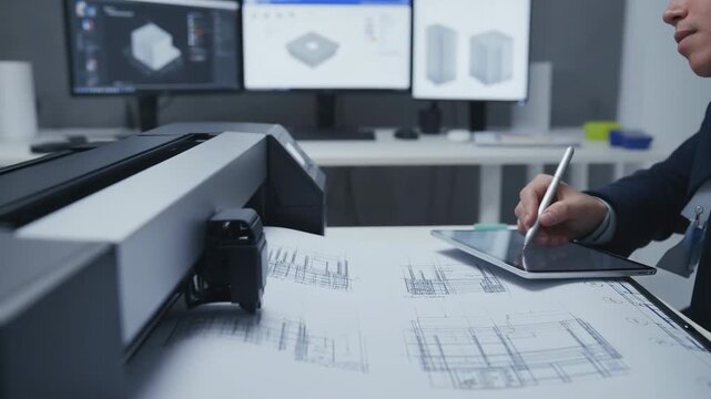 Designing architectural plans at a modern workspace, using digital tools and drafting techniques for precision