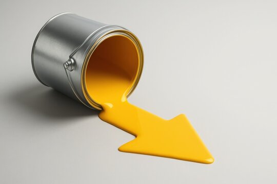 Spilled yellow paint from a metal can forming a downward arrow on a clean background with space for text, creative concept for price drop discount and sale visuals