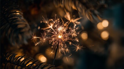 Close-up of a glowing sparkler surrounded by pine needles and festive bokeh.