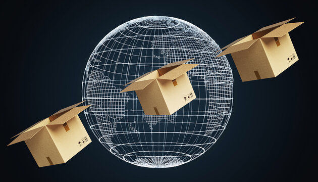 Global shipping and e-commerce concept with cardboard boxes orbiting a digital wireframe Earth.