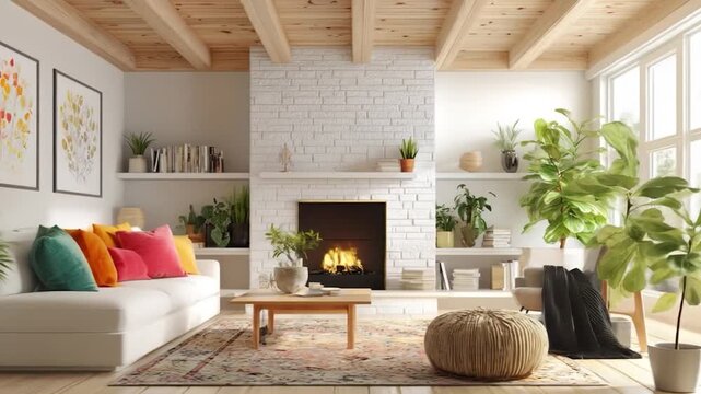 Cozy living room with white brick fireplace, art, plants, and colorful cushions