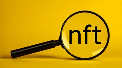 Magnifying Glass Highlighting NFT Text on Yellow Background – Digital Art and Blockchain Token Concept