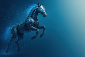 Robotic horse leaping in futuristic digital background with glowing blue circuits and space for text, AI innovation and tech startup concept for 2026 campaigns