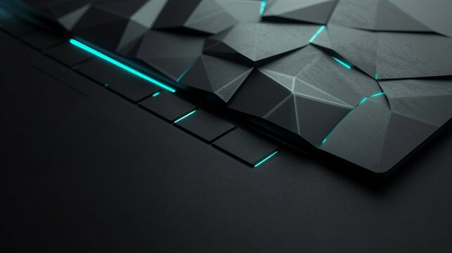 Abstract futuristic technology background with a geometric pattern. Dark low poly surface with glowing cyan neon light. Modern gaming concept with copy space
