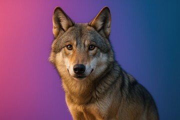Obraz premium Realistic wolf looking at camera with expressive face on vibrant magenta to blue gradient background, premium minimal composition with space for text, symbol of focus leadership and intuition