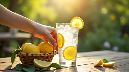 Hand with glass of refreshing ice-cold water and sliced lemons placed on a rustic wooden summer table surrounded by a few fresh green leaves and a subtle warm glow of natural sunlight, with the hand