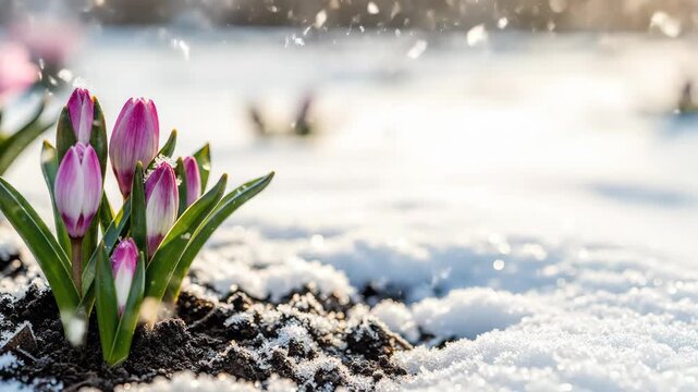 Purple crocus flower bud pushing through snow ground at sunrise. Spring bloom pushing past winter ice.