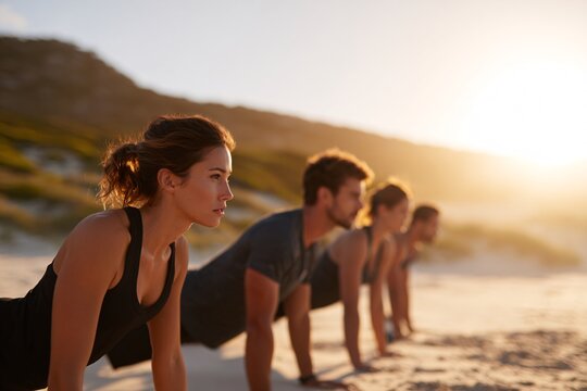 People practicing push-ups on the sand during a vibrant sunset, focusing on fitness and teamwork