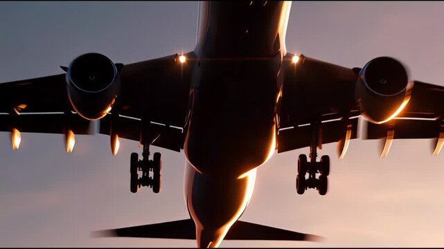 Commercial Airplane Landing Gear Retracting at Sunset