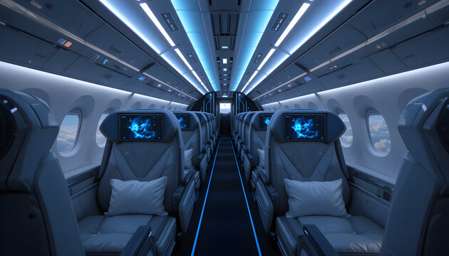 A luxurious airplane interior showcasing futuristic design and ambient blue lighting for premium